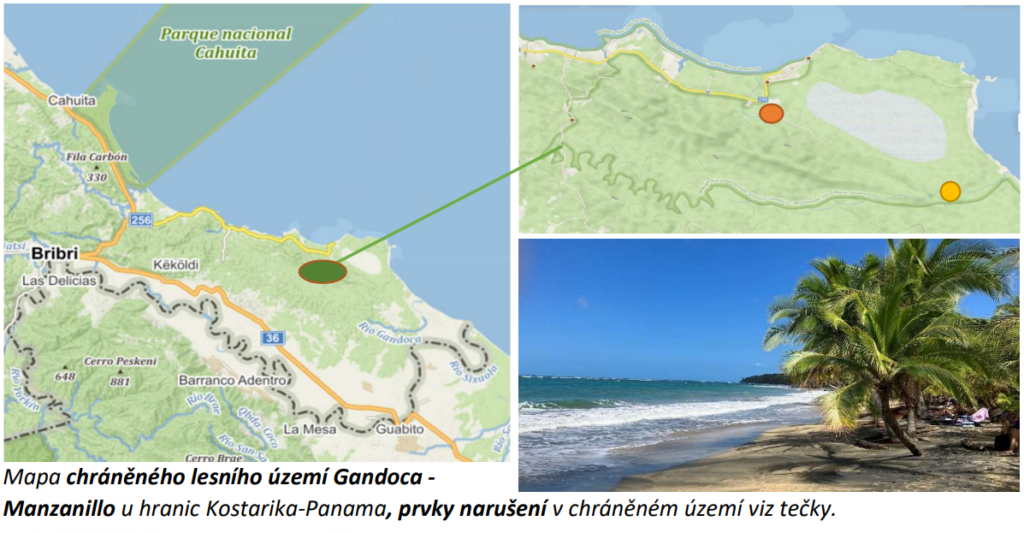 Na obrázku vidíme levou část mapy zobrazující území, kde se nachází pravý horní výřez s mapou chráněného lesního parku Gandoka-Manzanillo u hranic Kostarika-Panama a na nich tečky s se zaznamenaným narušením v chráněném části území