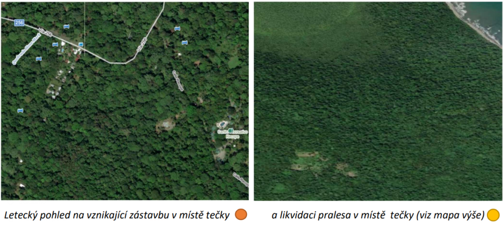 Informativní fotografie ukazující mapu vznikající zástavby v místě tečky a nezákonnou likvidaci lesního parku v místě tečky z předchozího obrázku.